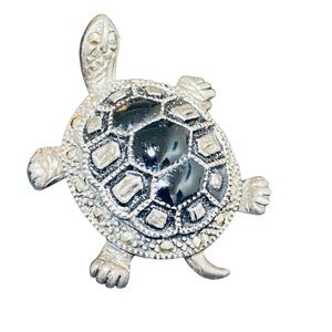 Sterling Silver Enamel Marcasite Turtle Brooch Pin Vintage Animal Jewelry Gift